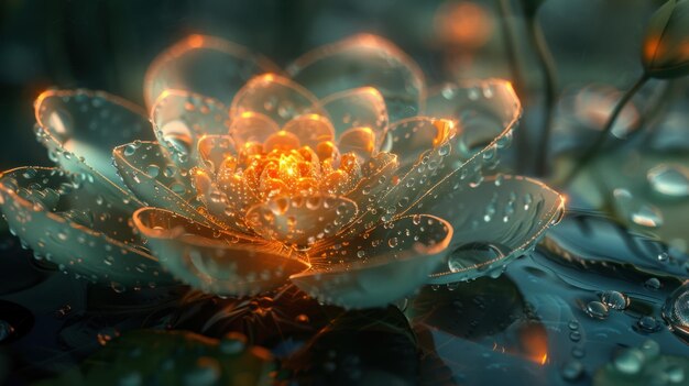 Glowing Flower with Water Drops