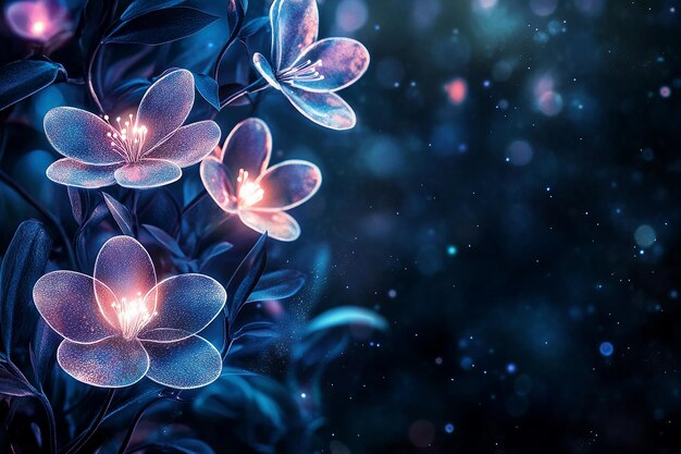 Photo glowing flowers foliage and light orbs against a dark background