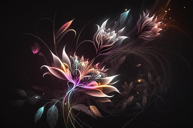 Glowing flowers illustrations art design for poster, print or digital, isolated in black dark