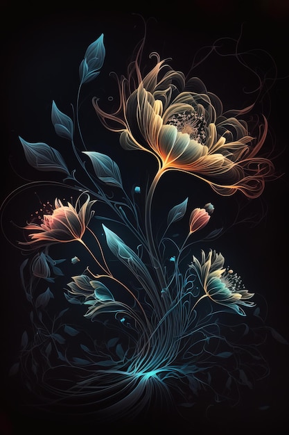 Glowing flowers illustrations art design for poster, print or digital, isolated in black dark