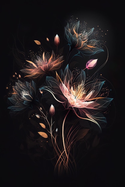 Glowing flowers illustrations art design for poster, print or digital, isolated in black dark