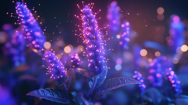 Glowing Flowers in a Purple Field glowing neural networks Intelligent design 4D Style