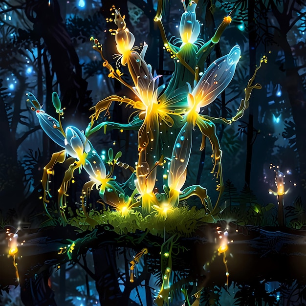 Photo glowing forest fairy a mystical spirit dancing in the dark with a mysterious light of magic