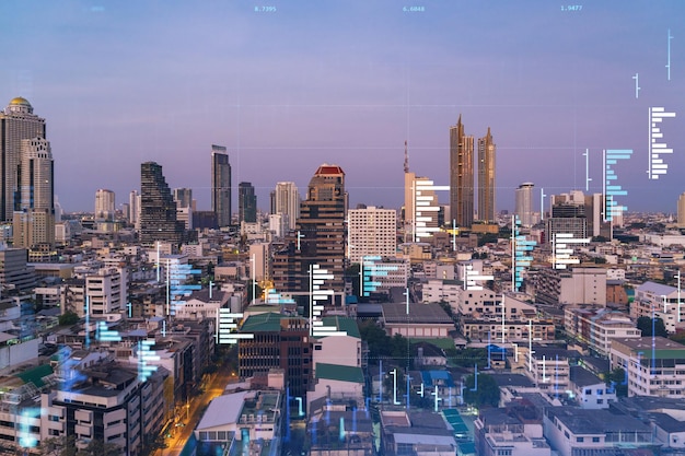 Glowing FOREX graph hologram aerial panoramic cityscape of Bangkok at sunset Stock and bond trading in Southeast Asia The concept of fund management Double exposure