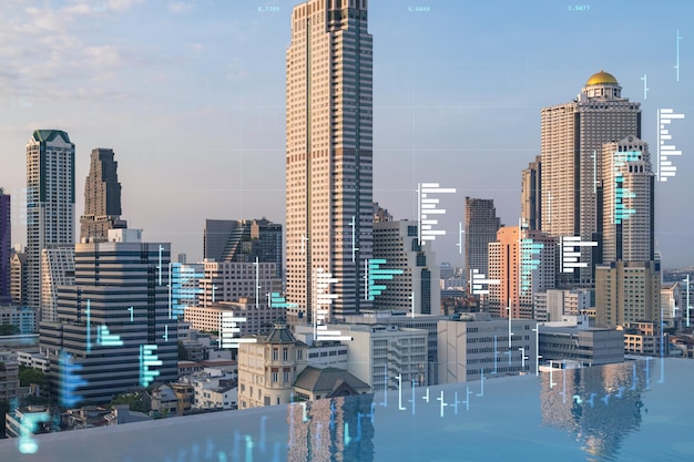 Glowing FOREX graph hologram aerial panoramic cityscape of Bangkok at sunset Stock and bond trading in Southeast Asia The concept of fund management Double exposure