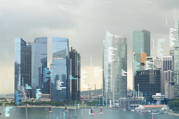 Glowing FOREX graph hologram aerial panoramic cityscape of Singapore at sunset Stock and bond trading in Southeast Asia The concept of fund management Double exposure