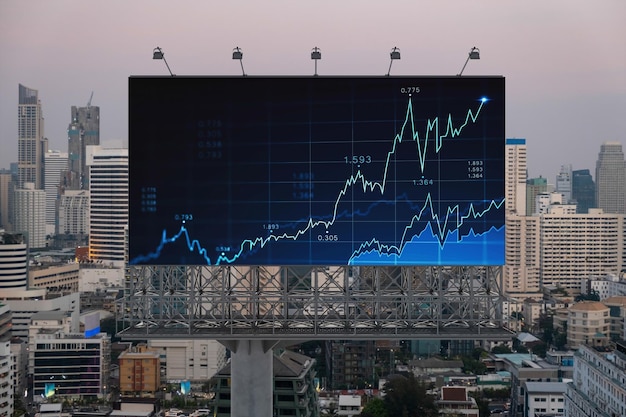 Glowing FOREX graph hologram on billboard aerial panoramic cityscape of Bangkok at sunset Stock and bond trading in Southeast Asia The concept of fund management