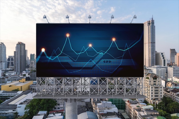 Glowing FOREX graph hologram on billboard aerial panoramic cityscape of Bangkok at sunset Stock and bond trading in Southeast Asia The concept of fund management