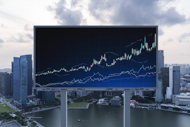 Glowing FOREX graph hologram on billboard aerial panoramic cityscape of Singapore at sunset Stock and bond trading in Southeast Asia The concept of fund management