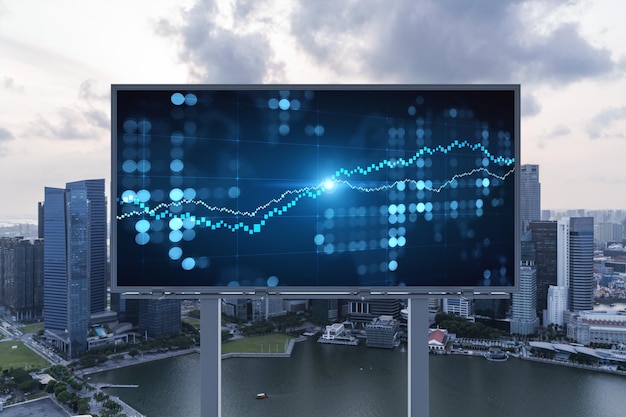 Glowing FOREX graph hologram on billboard aerial panoramic cityscape of Singapore at sunset Stock and bond trading in Southeast Asia The concept of fund management