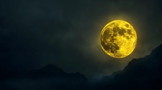 Glowing Full Yellow Moon Illuminating Mystical Mountainous Landscape at Night