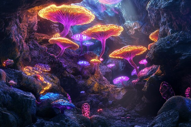 Photo glowing fungi in a hidden enchanted cave