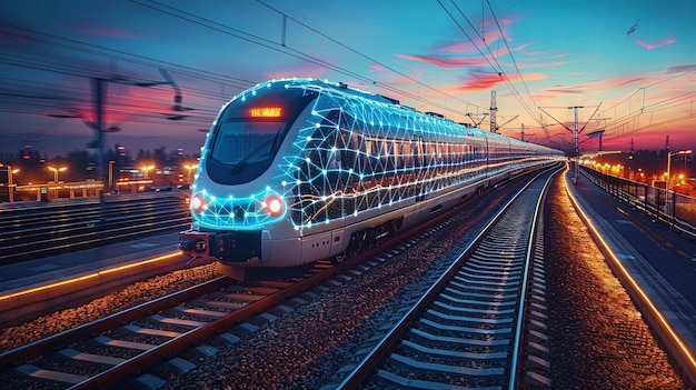 Glowing futuristic train riding tracks during sunset