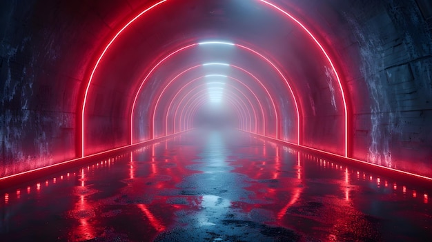 Glowing Futuristic Tunnel with Sleek Industrial Concrete Walls and Bright Red LED Lighting