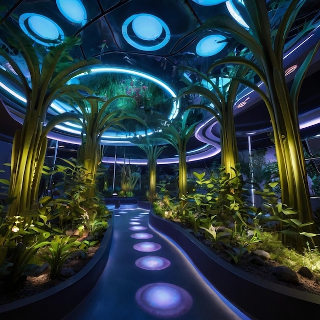 Photo a glowing garden of genetically modified plants with advanced climate control