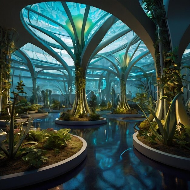 Photo a glowing garden of genetically modified plants with advanced climate control