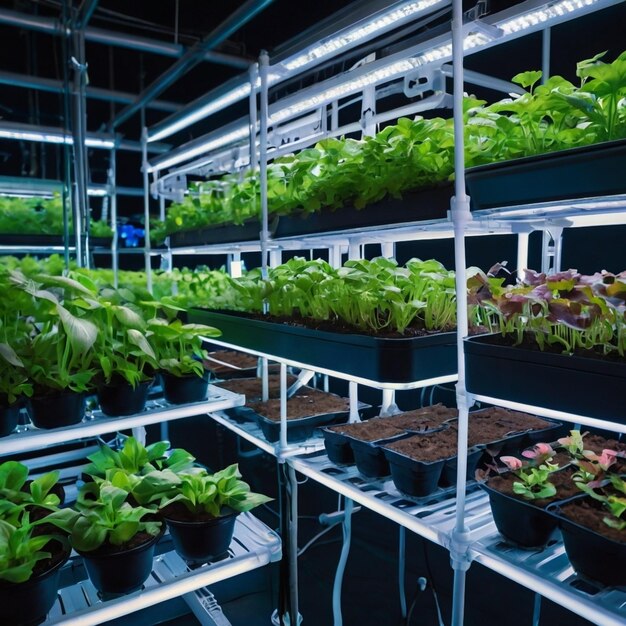 A glowing garden of genetically modified plants with advanced climate control