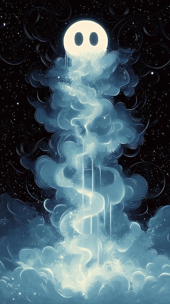 Photo glowing ghostly figure ascending into a whirl of smoke