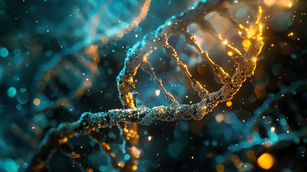 A glowing gold DNA strand against a dark teal background