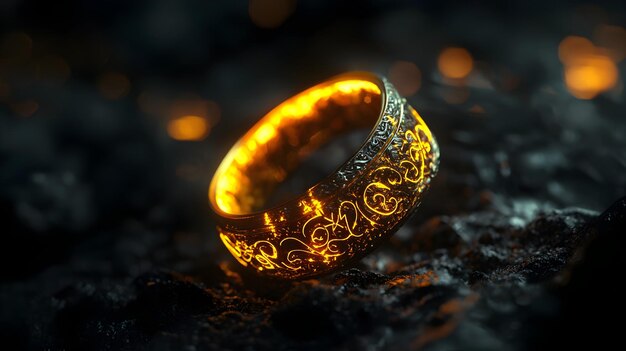 Photo glowing golden enchanted ring with ornate designs on dark background