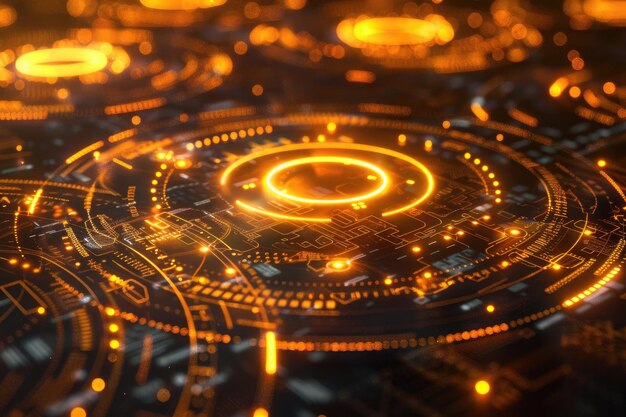 Glowing golden HUD circles scifi background 3d rendering