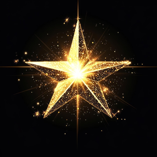 Photo a glowing golden star surrounded by sparkling particles on a black background