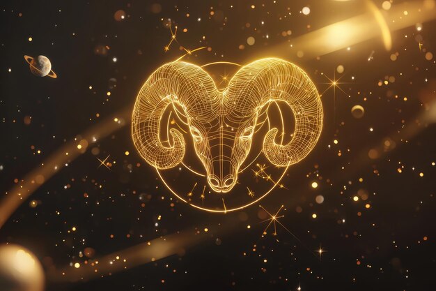 Photo glowing golden zodiac symbol of aries the ram against a starry night sky background