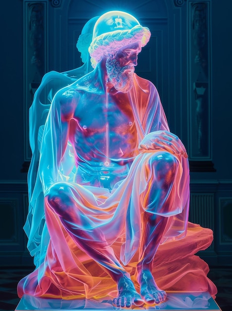 Photo glowing greek style statue sculpture in moody blue neon lighting against black empty background