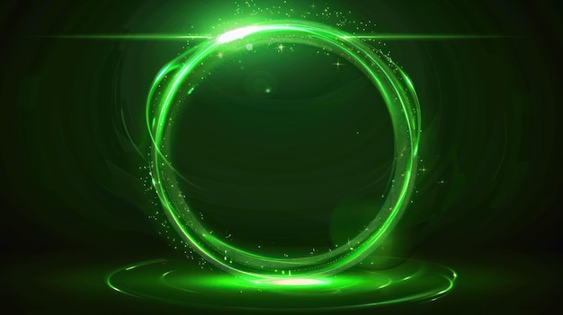 Glowing green neon circle frame with sparkles on dark background