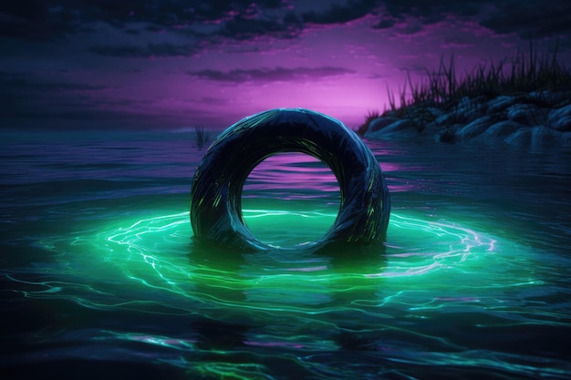 Glowing green and neon light ring in water Generative AI