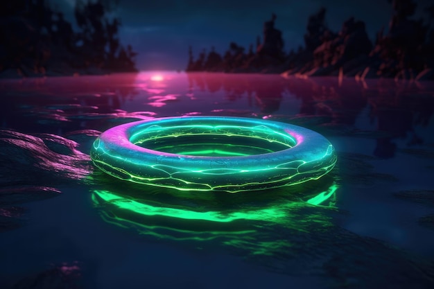 Glowing green and neon light ring in water Generative AI