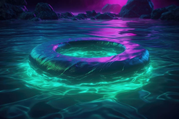 Glowing green and neon light ring in water Generative AI