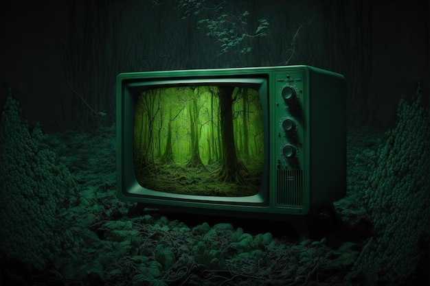 Glowing green old tv set in dark mysterious forest created with generative ai