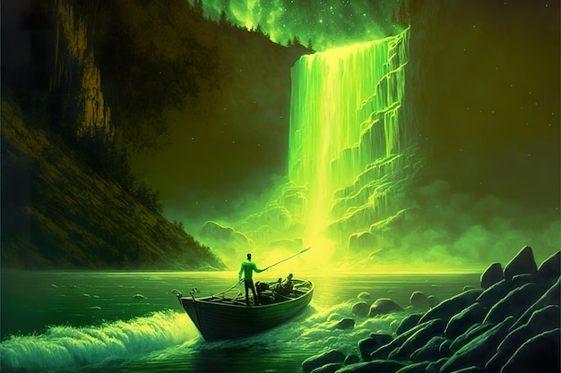 Glowing green waterfall in the cave