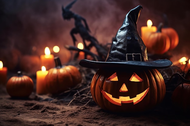 Glowing halloween pumpkin in witches hat with candles