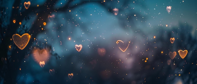 Photo glowing heart shapes float amidst a dreamy outoffocus background creating an enchanting and whimsical atmosphere