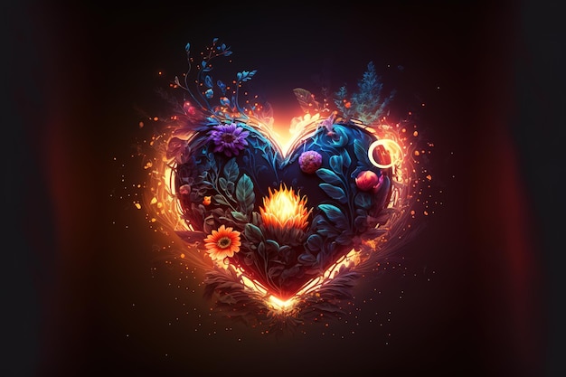 Glowing heart with flowers and flame in the center, abstract art