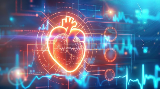 A glowing heart with line graphics and icons displays medical data on an AI interface against a futuristic background illustrating healthcare technology and innovation