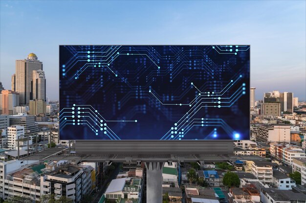 Glowing hologram of technological process on billboard aerial panoramic cityscape of Bangkok at sunset The largest innovative hub of tech services in Southeast Asia