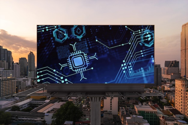 Glowing hologram of technological process on billboard aerial panoramic cityscape of Bangkok at sunset The largest innovative hub of tech services in Southeast Asia