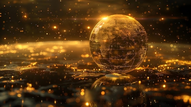 Glowing Holographic Globe with Cryptocurrency Symbols in Dark Space