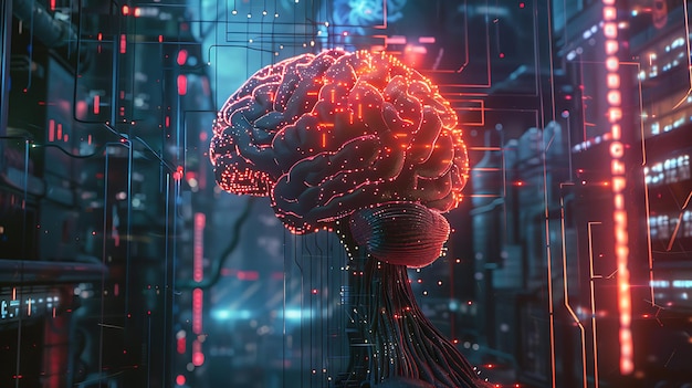 Glowing Human Brain Connected to a Futuristic Circuit Board