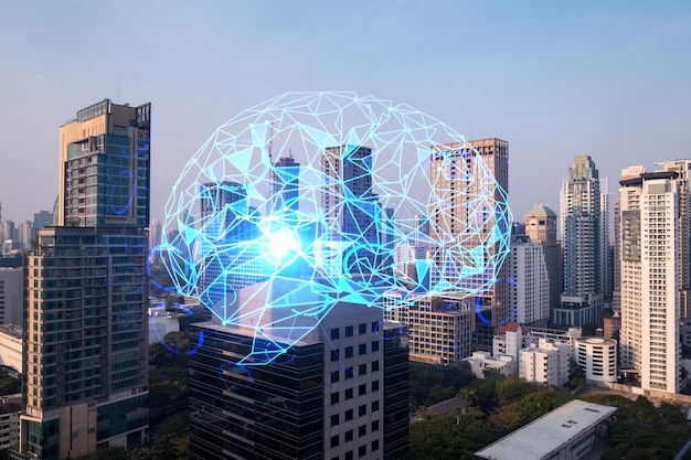 Glowing human brain hologram aerial panoramic cityscape of Bangkok at sunset The center of business education in Asia Double exposure