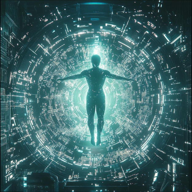 Photo a glowing human figure floats in a digital portal surrounded by swirling data and light