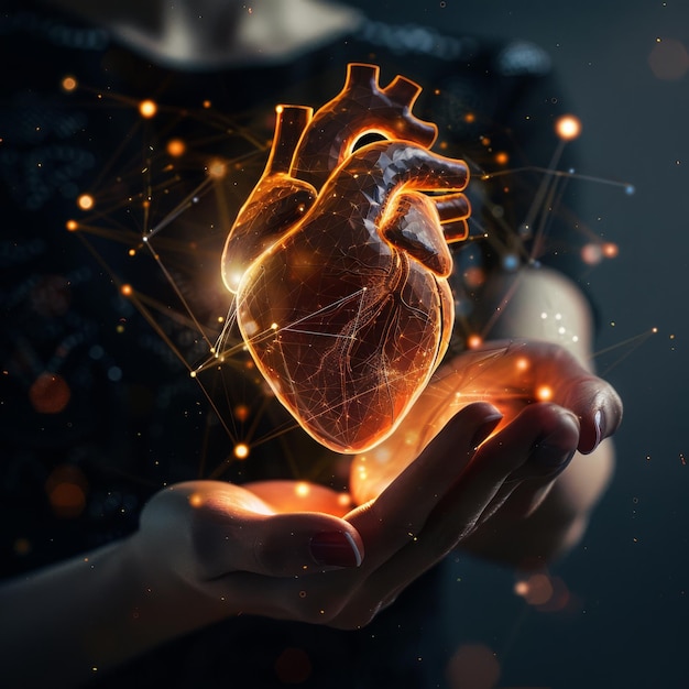 Glowing human heart in hands Generative AI illustration