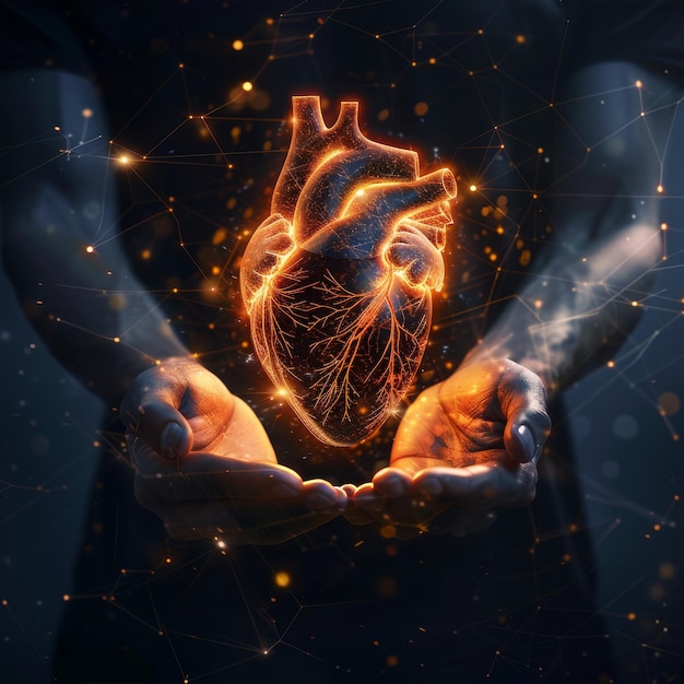 Glowing human heart in hands Generative AI illustration