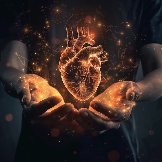 Glowing human heart in hands Generative AI illustration