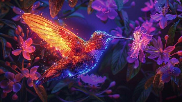 A glowing hummingbird painting a neon mural blending art with natures agility