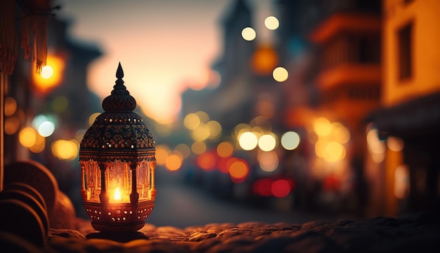 Glowing Indian Lantern and Cityscape A Romantic Evening in the Subcontinent