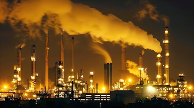 Glowing Industrial Factory Silhouette Against Illuminated Night Sky